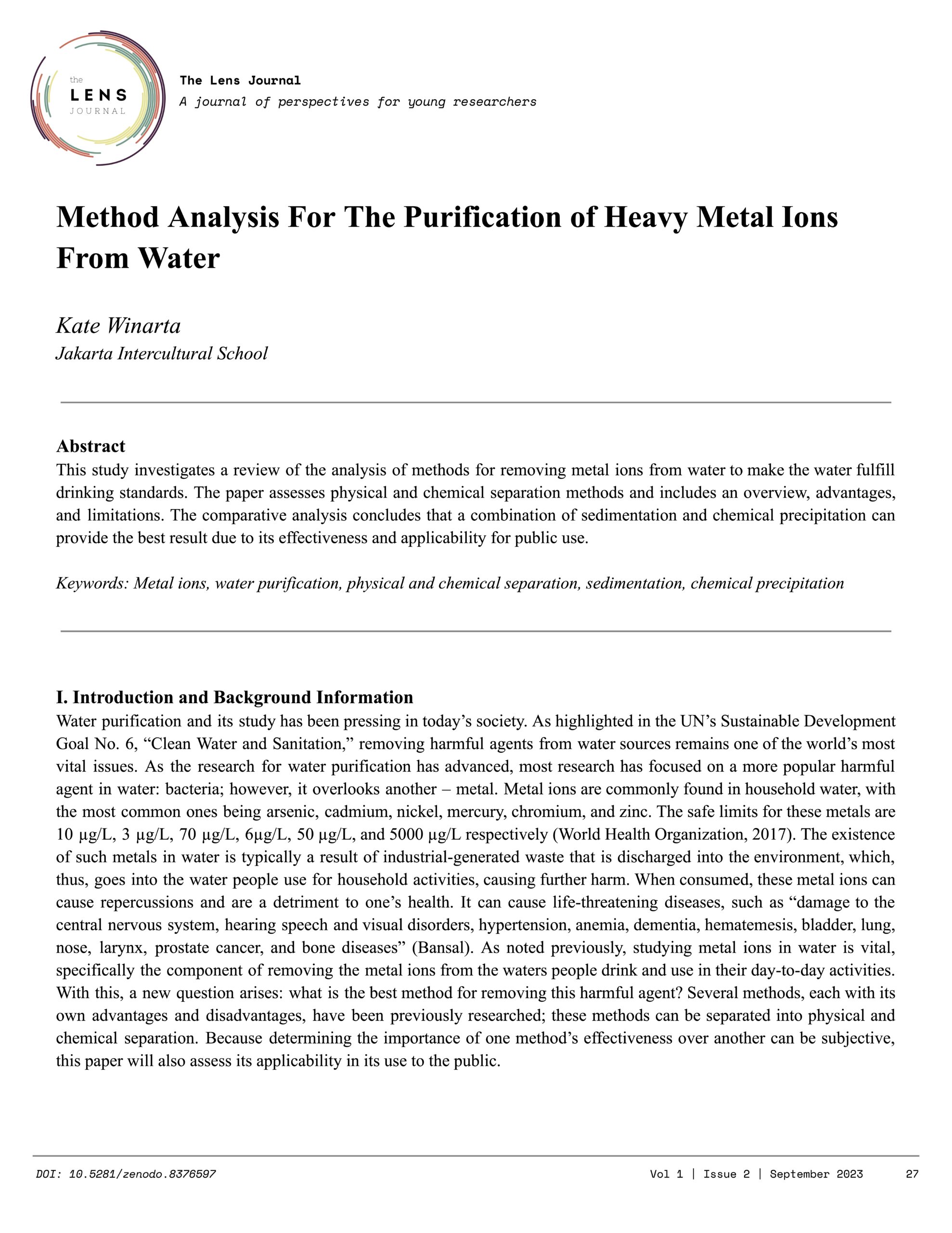 Method Analysis For The Purification of Heavy Metal Ions From Water